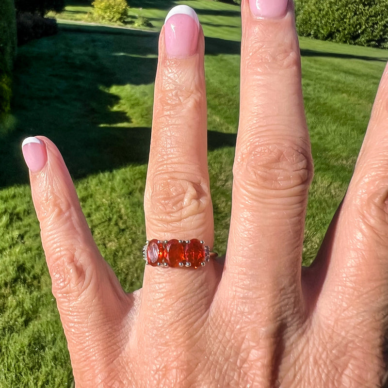Art Deco Style Fire Opal Diamond Trilogy Ring 1.8ct Total
