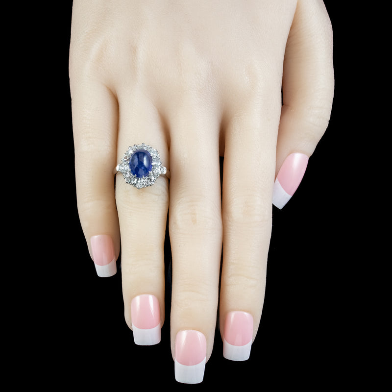 Victorian Style Blue Sapphire Diamond Cluster Ring 4.12ct Cabochon With Cert