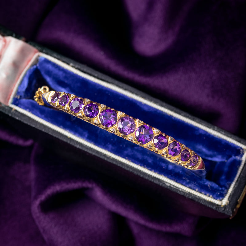 Vintage Amethyst Diamond Bangle 9ct Gold 