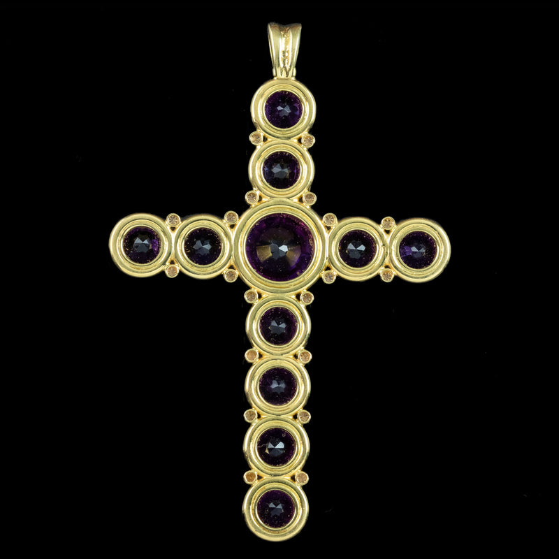 Vintage Amethyst Diamond Cross Pendant 18ct Gold 