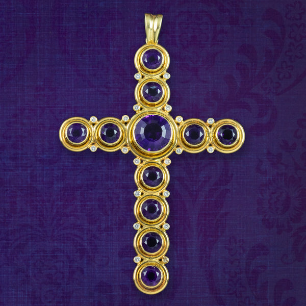 Vintage Amethyst Diamond Cross Pendant 18ct Gold 