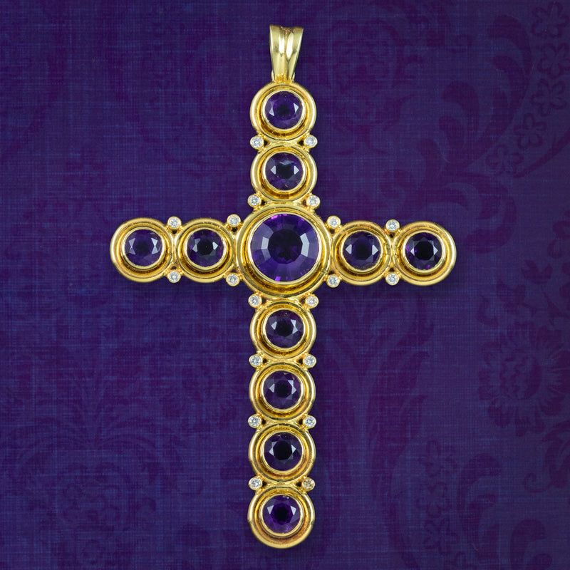 Vintage Amethyst Diamond Cross Pendant 18ct Gold 