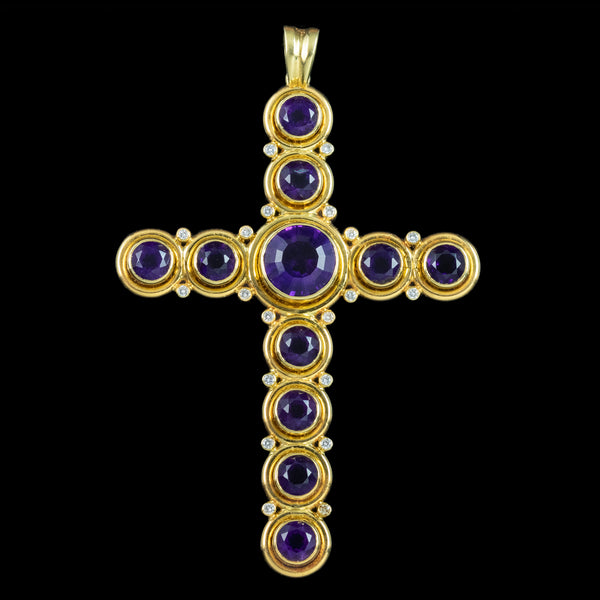 Vintage Amethyst Diamond Cross Pendant 18ct Gold 