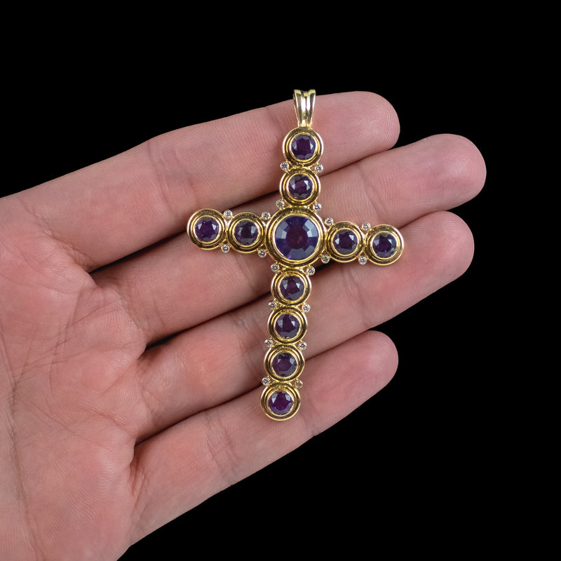 Vintage Amethyst Diamond Cross Pendant 18ct Gold 
