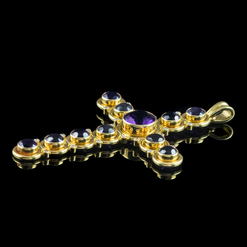 Vintage Amethyst Diamond Cross Pendant 18ct Gold 