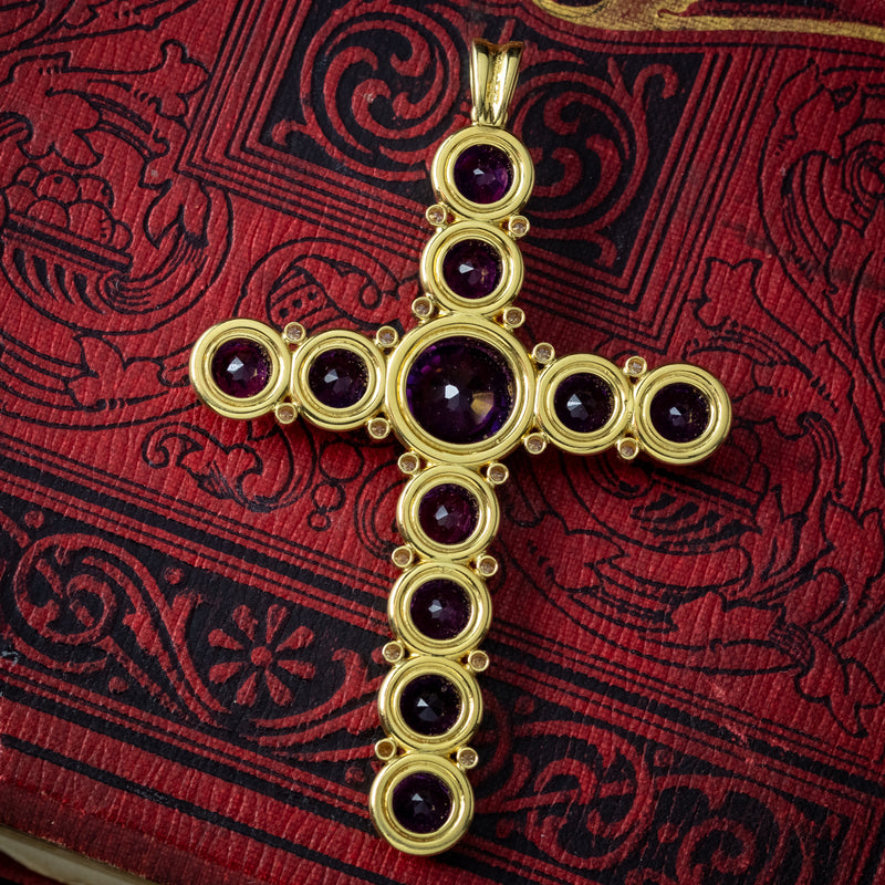 Vintage Amethyst Diamond Cross Pendant 18ct Gold 