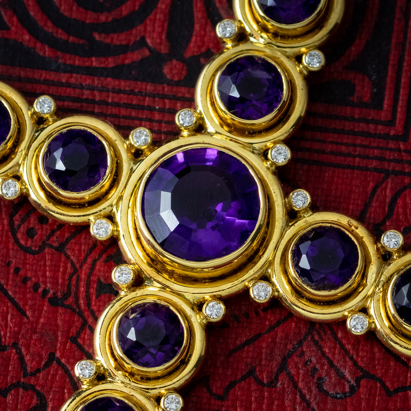 Vintage Amethyst Diamond Cross Pendant 18ct Gold 