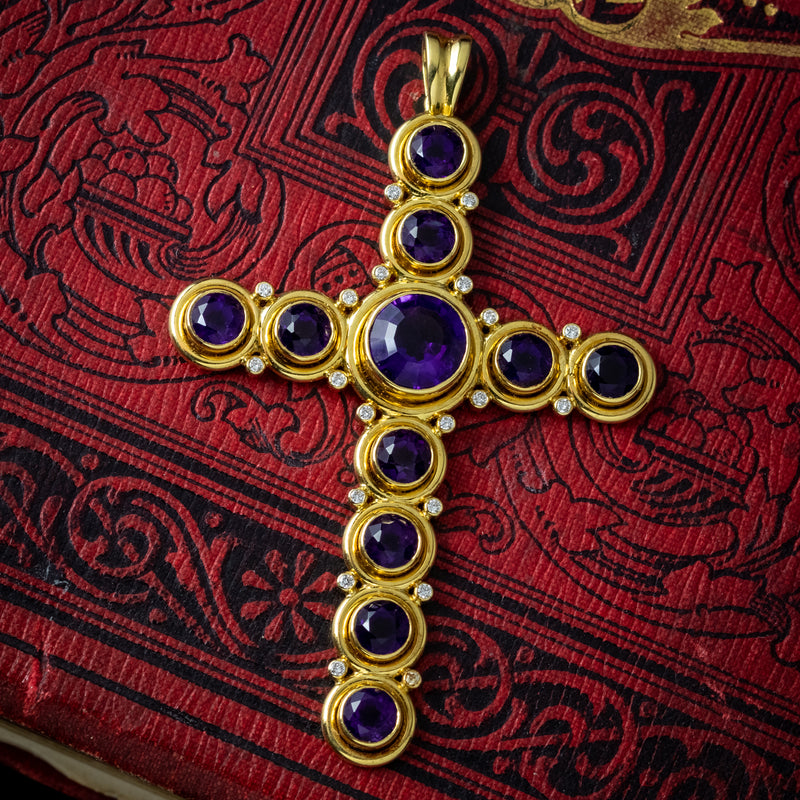 Vintage Amethyst Diamond Cross Pendant 18ct Gold 