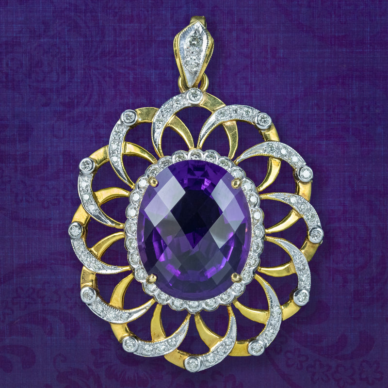 Vintage Amethyst Diamond Pendant 18ct Gold 12ct Amethyst