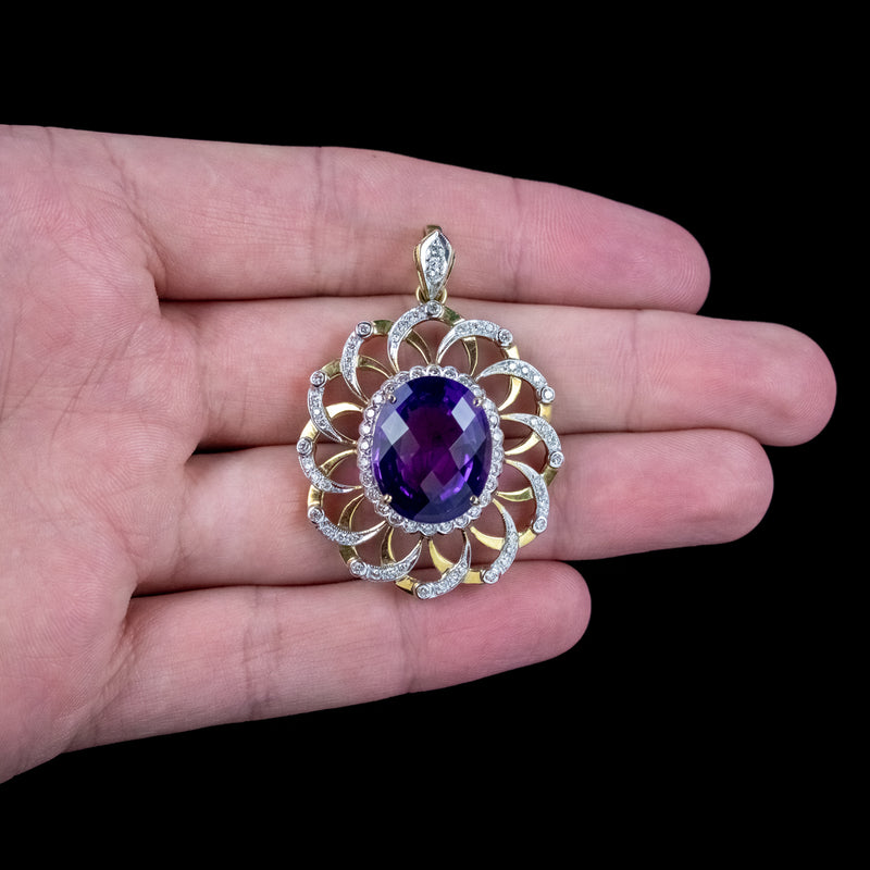 Vintage Amethyst Diamond Pendant 18ct Gold 12ct Amethyst