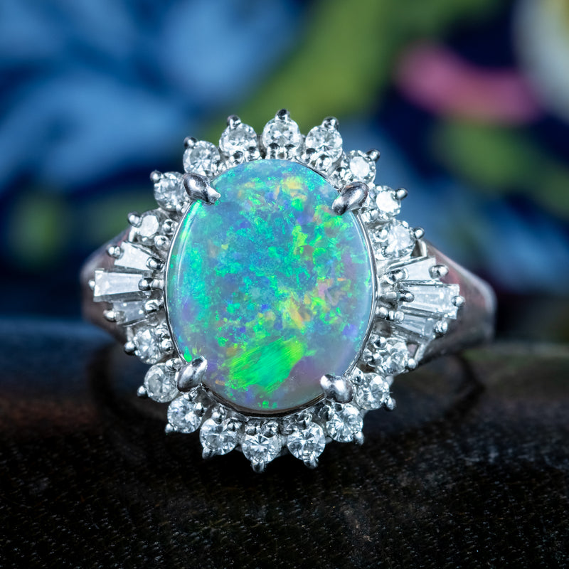 Vintage Black Opal Diamond Cluster Ring 2.64ct Natural Opal