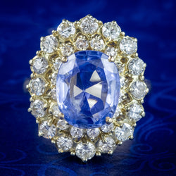 Vintage Ceylon Sapphire Diamond Cluster Ring 4.29ct Sapphire With Cert