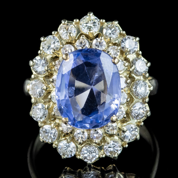 Vintage Ceylon Sapphire Diamond Cluster Ring 4.29ct Sapphire With Cert
