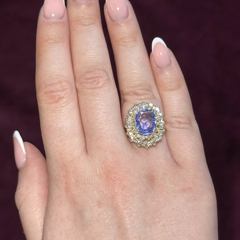 Vintage Ceylon Sapphire Diamond Cluster Ring 4.29ct Sapphire With Cert