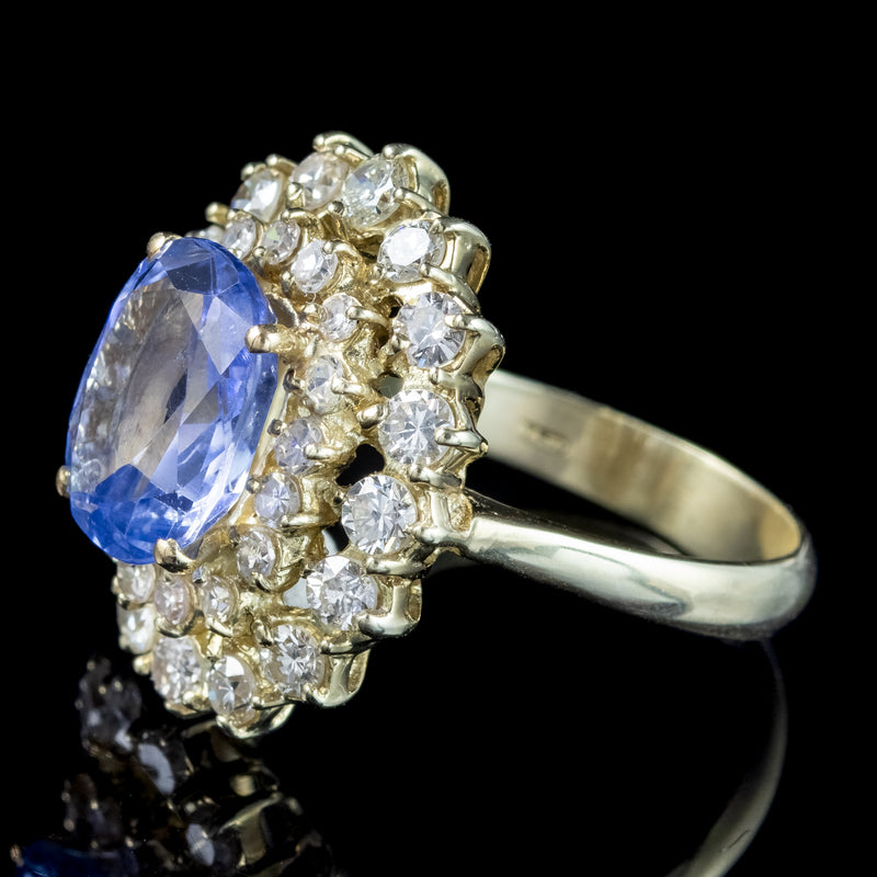 Vintage Ceylon Sapphire Diamond Cluster Ring 4.29ct Sapphire With Cert