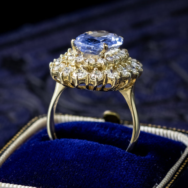 Vintage Ceylon Sapphire Diamond Cluster Ring 4.29ct Sapphire With Cert