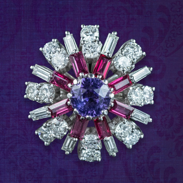 Vintage Cluster Cocktail Ring Violet Sapphire Ruby Diamond
