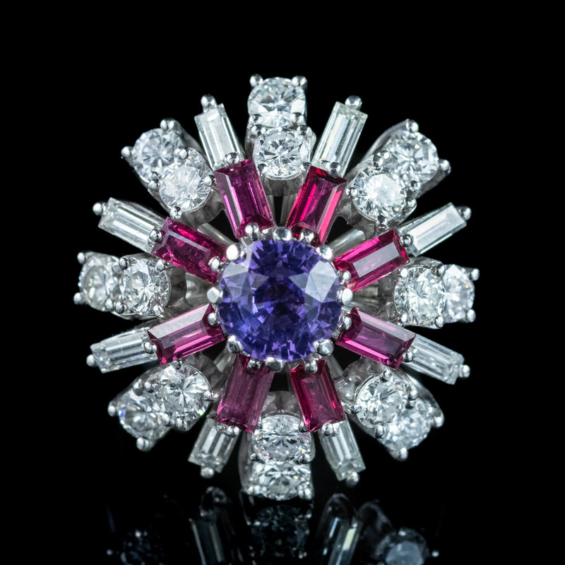 Vintage Cluster Cocktail Ring Violet Sapphire Ruby Diamond