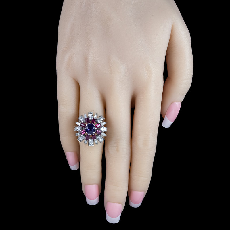 Vintage Cluster Cocktail Ring Violet Sapphire Ruby Diamond