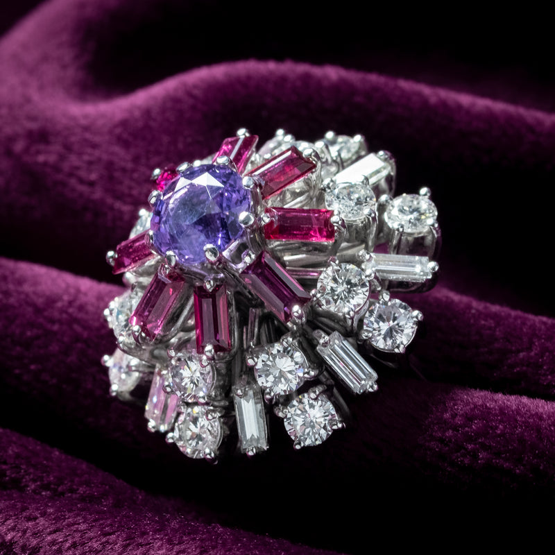 Vintage Cluster Cocktail Ring Violet Sapphire Ruby Diamond