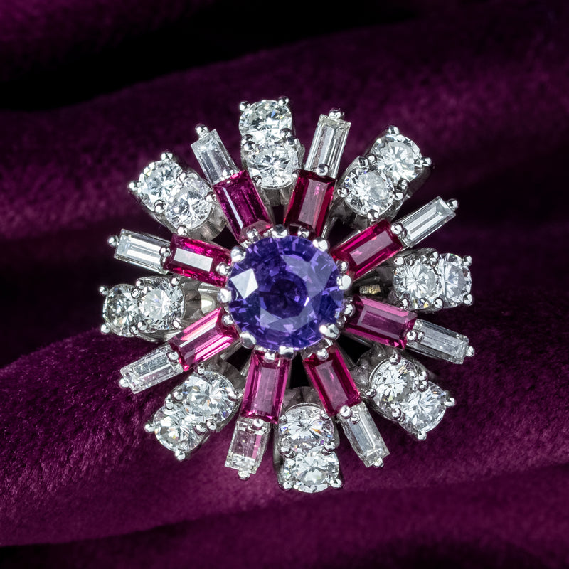 Vintage Cluster Cocktail Ring Violet Sapphire Ruby Diamond
