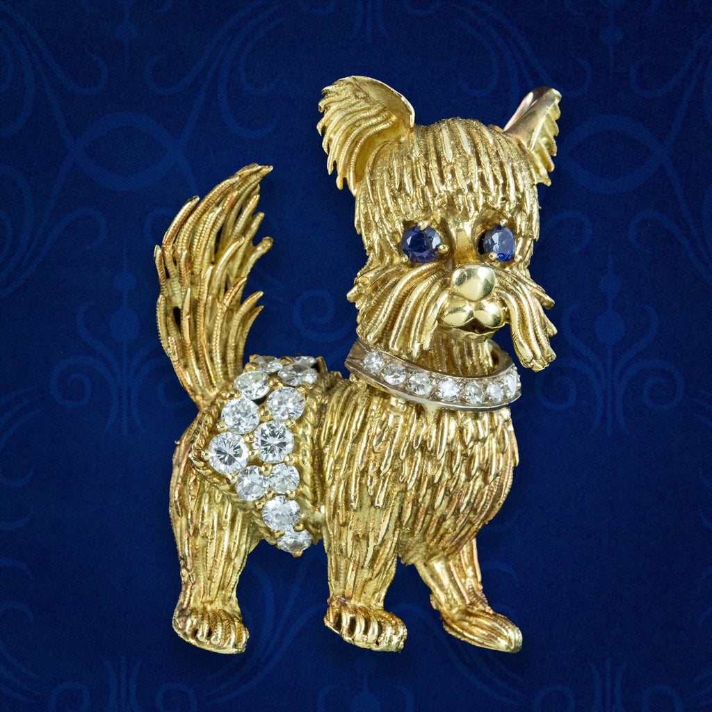 Vintage Diamond Sapphire Dog Brooch 18ct Gold Dated 1964 – Antique