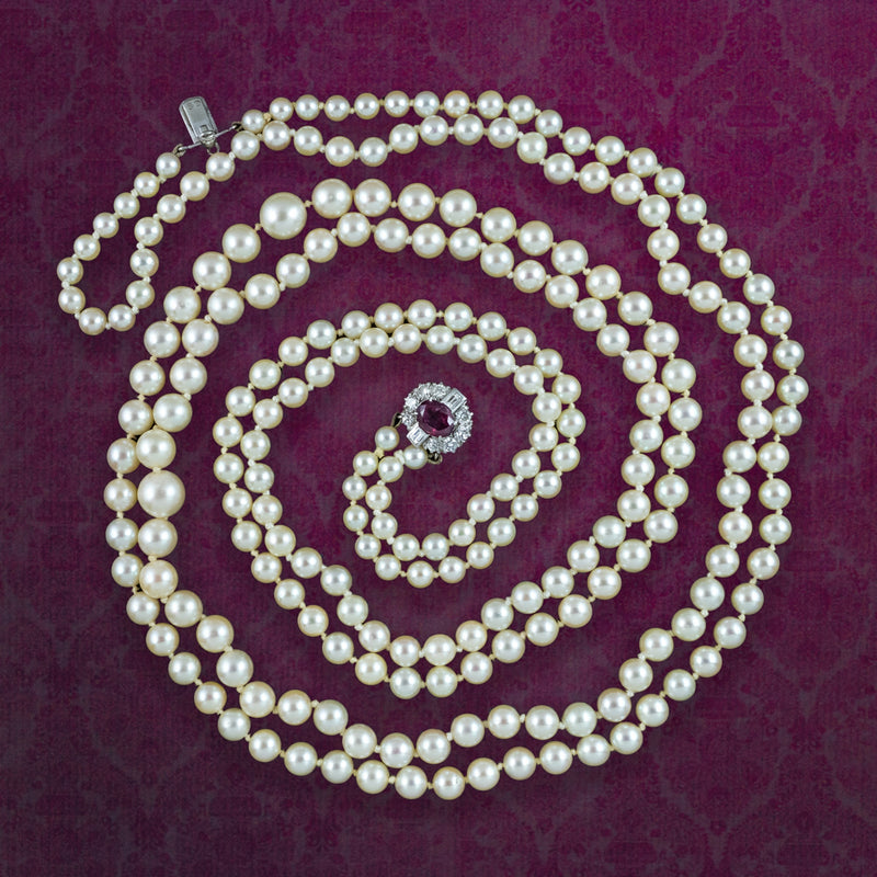 Vintage Double Strand Pearl Necklace Ruby Diamond Clasp With Cert