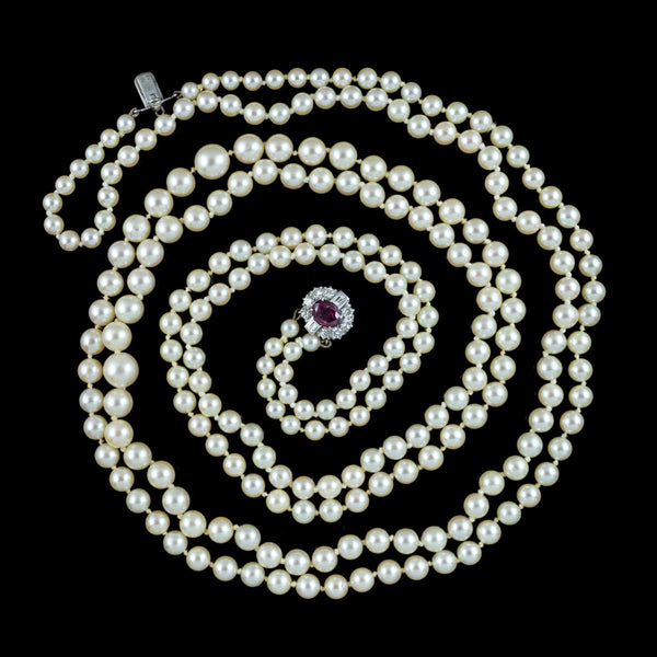 Vintage Double Strand Pearl Necklace Ruby Diamond Clasp With Cert