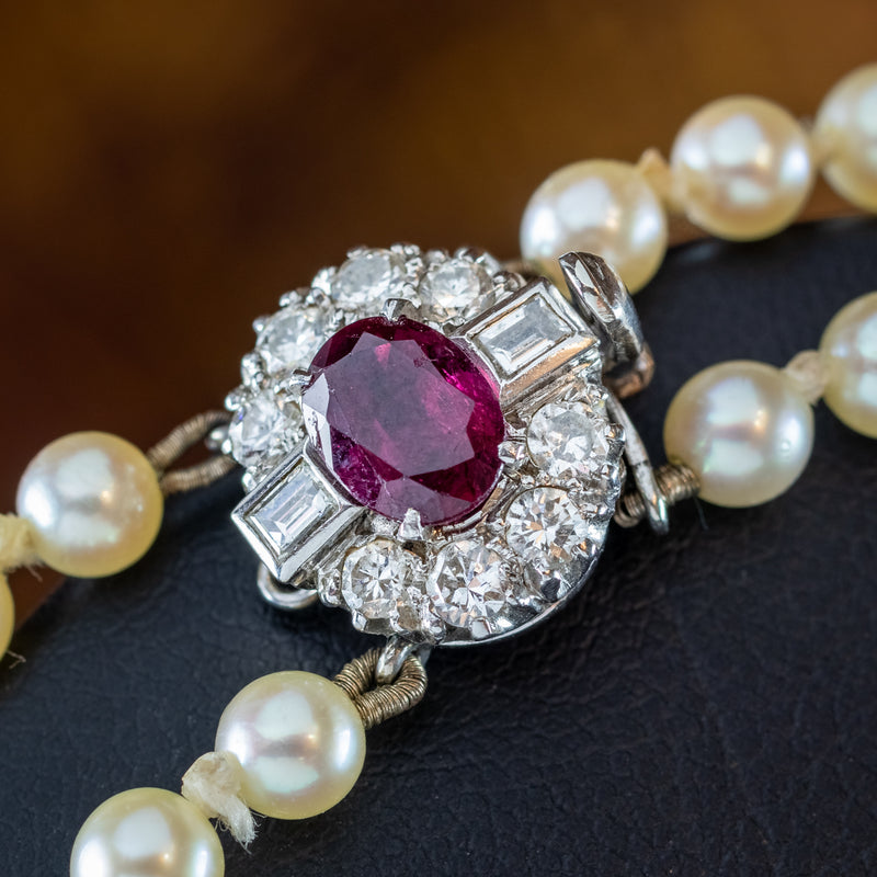 Vintage Double Strand Pearl Necklace Ruby Diamond Clasp With Cert