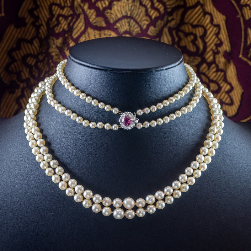 Vintage Double Strand Pearl Necklace Ruby Diamond Clasp With Cert
