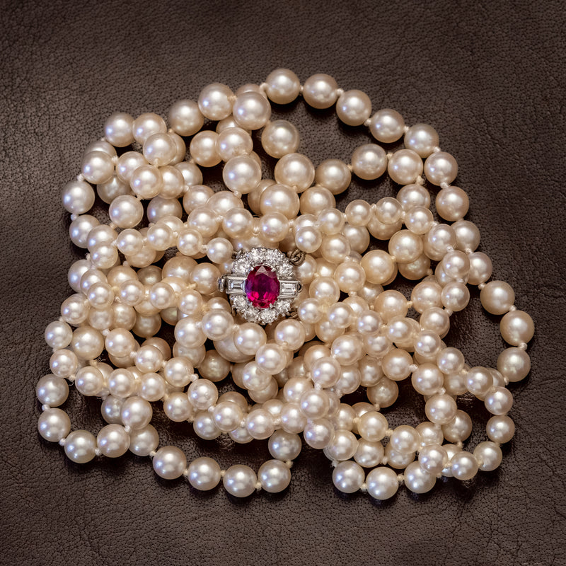Vintage Double Strand Pearl Necklace Ruby Diamond Clasp With Cert