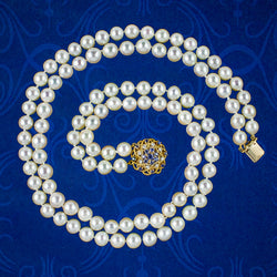 Vintage Double Strand Pearl Necklace Sapphire Diamond Clasp