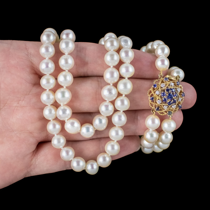 Vintage Double Strand Pearl Necklace Sapphire Diamond Clasp
