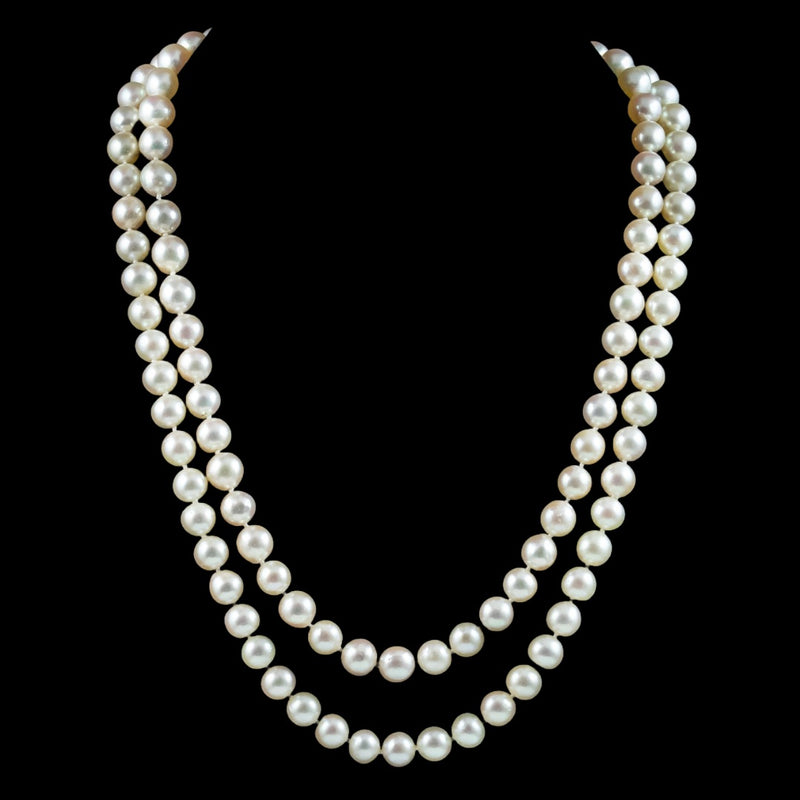 Vintage Double Strand Pearl Necklace Sapphire Diamond Clasp