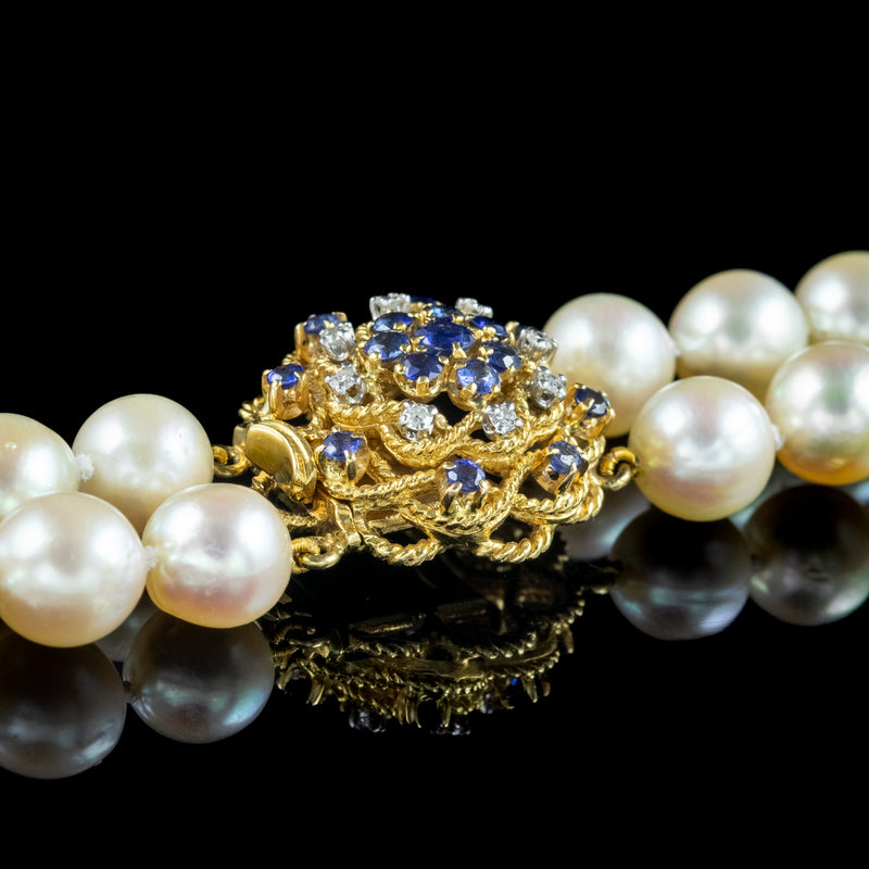 Vintage Double Strand Pearl Necklace Sapphire Diamond Clasp