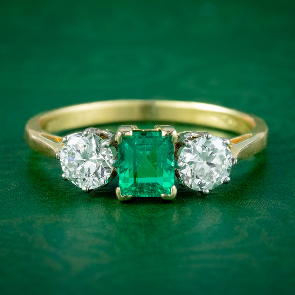 Vintage Emerald Diamond Trilogy Ring 0.84ct Colombian Emerald Dated 1982