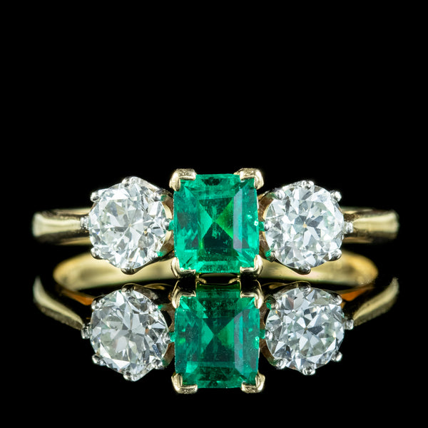 Vintage Emerald Diamond Trilogy Ring 0.84ct Colombian Emerald Dated 1982