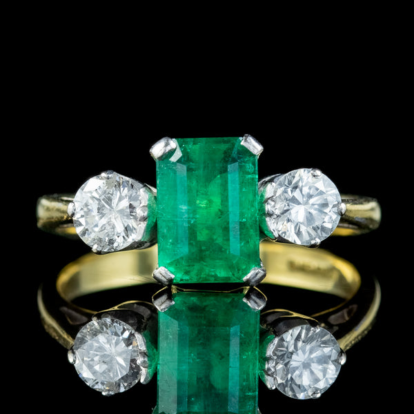 Vintage Emerald Diamond Trilogy Ring 1.5ct Emerald 