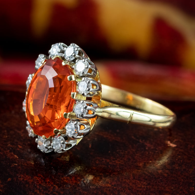 Vintage Fire Opal Diamond Cluster Ring 5.5ct Fire Opal