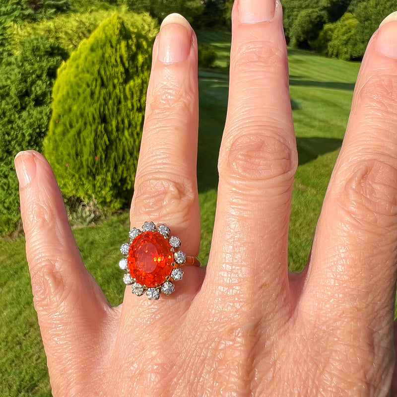 Vintage Fire Opal Diamond Cluster Ring 5.5ct Fire Opal