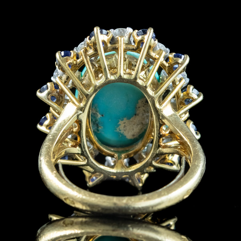 Vintage French Turquoise Sapphire Diamond Cocktail Ring 10ct Turquoise