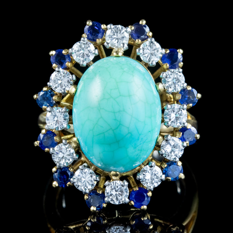 Vintage French Turquoise Sapphire Diamond Cocktail Ring 10ct Turquoise