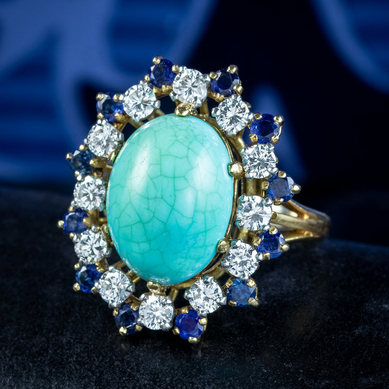 Vintage French Turquoise Sapphire Diamond Cocktail Ring 10ct Turquoise