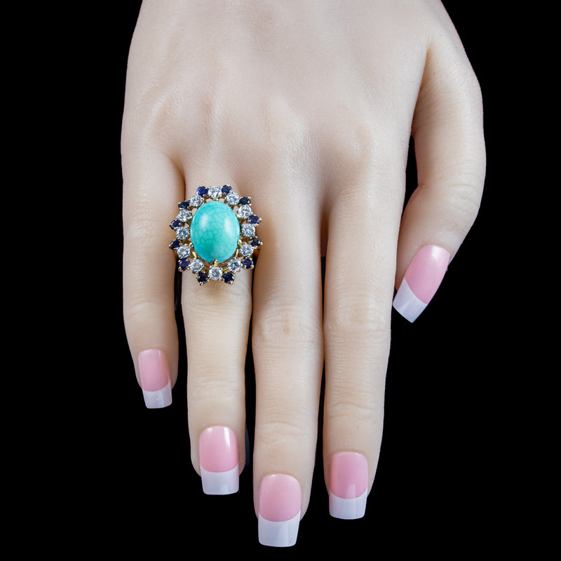 Vintage French Turquoise Sapphire Diamond Cocktail Ring 10ct Turquoise