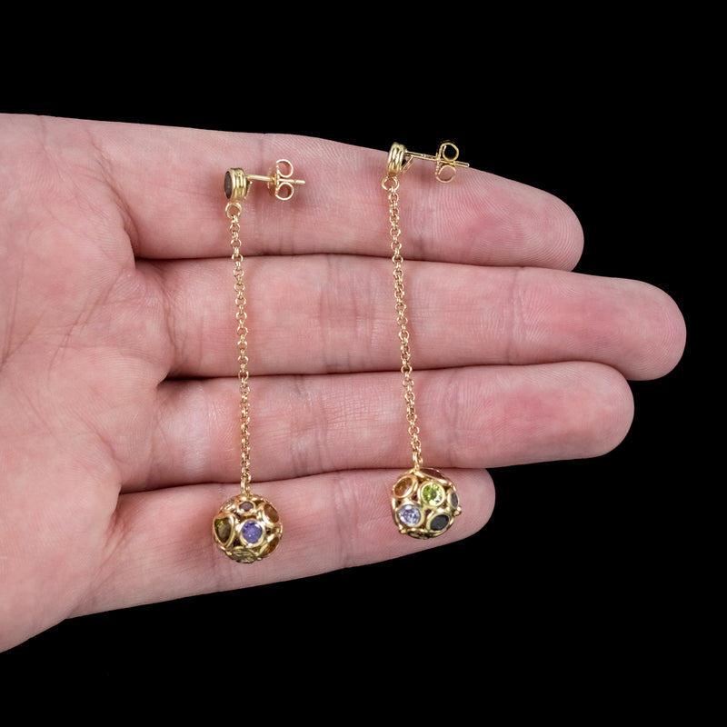 Vintage Harlequin Gemstone Orb Drop Earrings 18ct Gold