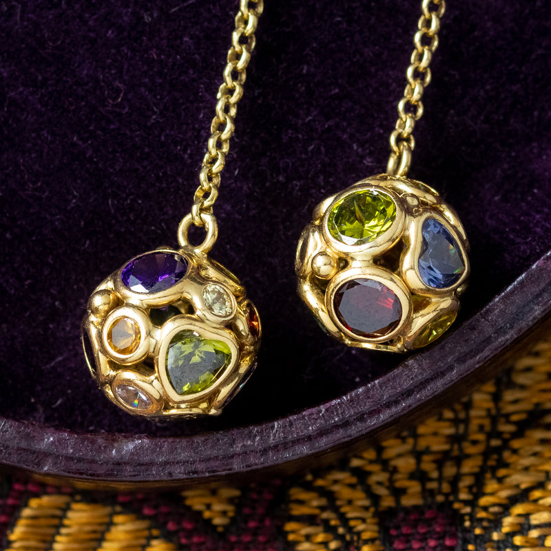 Vintage Harlequin Gemstone Orb Drop Earrings 18ct Gold