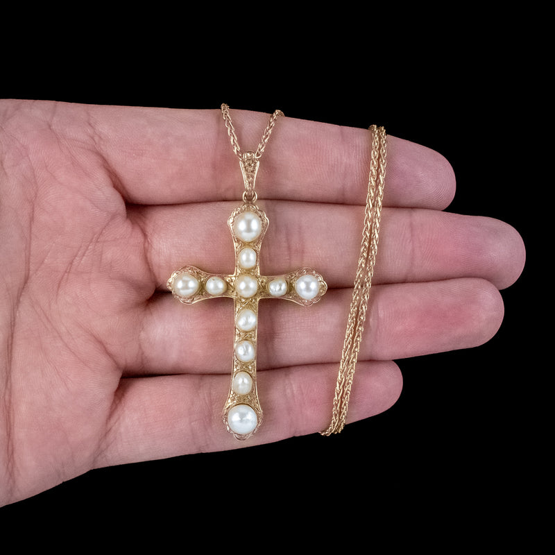 Vintage Natural Baroque Pearl Cross Pendant Necklace 18ct Gold
