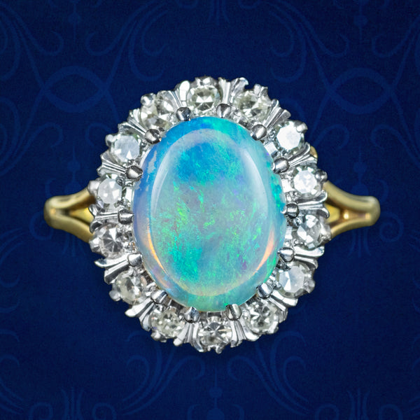 Vintage Opal Diamond Cluster Ring 3.3ct Natural Opal Dated 1975