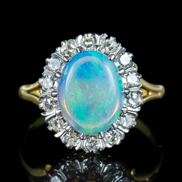 Vintage Opal Diamond Cluster Ring 3.3ct Natural Opal Dated 1975