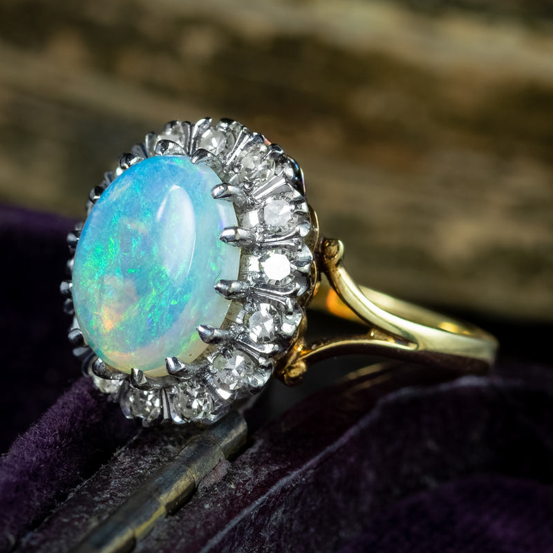 Vintage Opal Diamond Cluster Ring 3.3ct Natural Opal Dated 1975